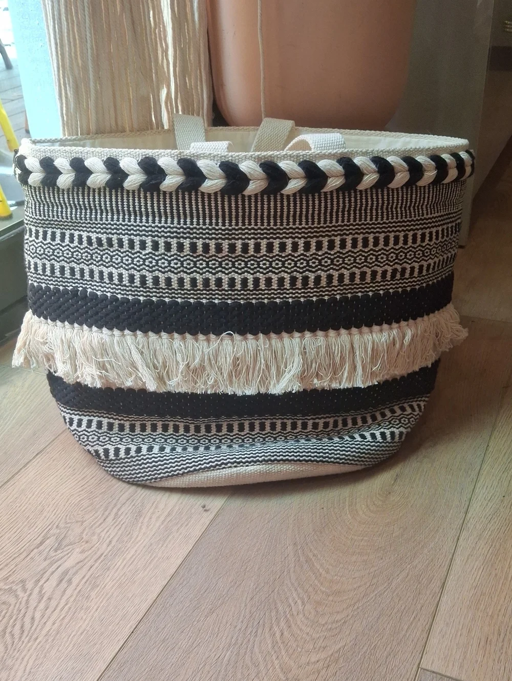 Woven Fringe Basket in Black and Cream